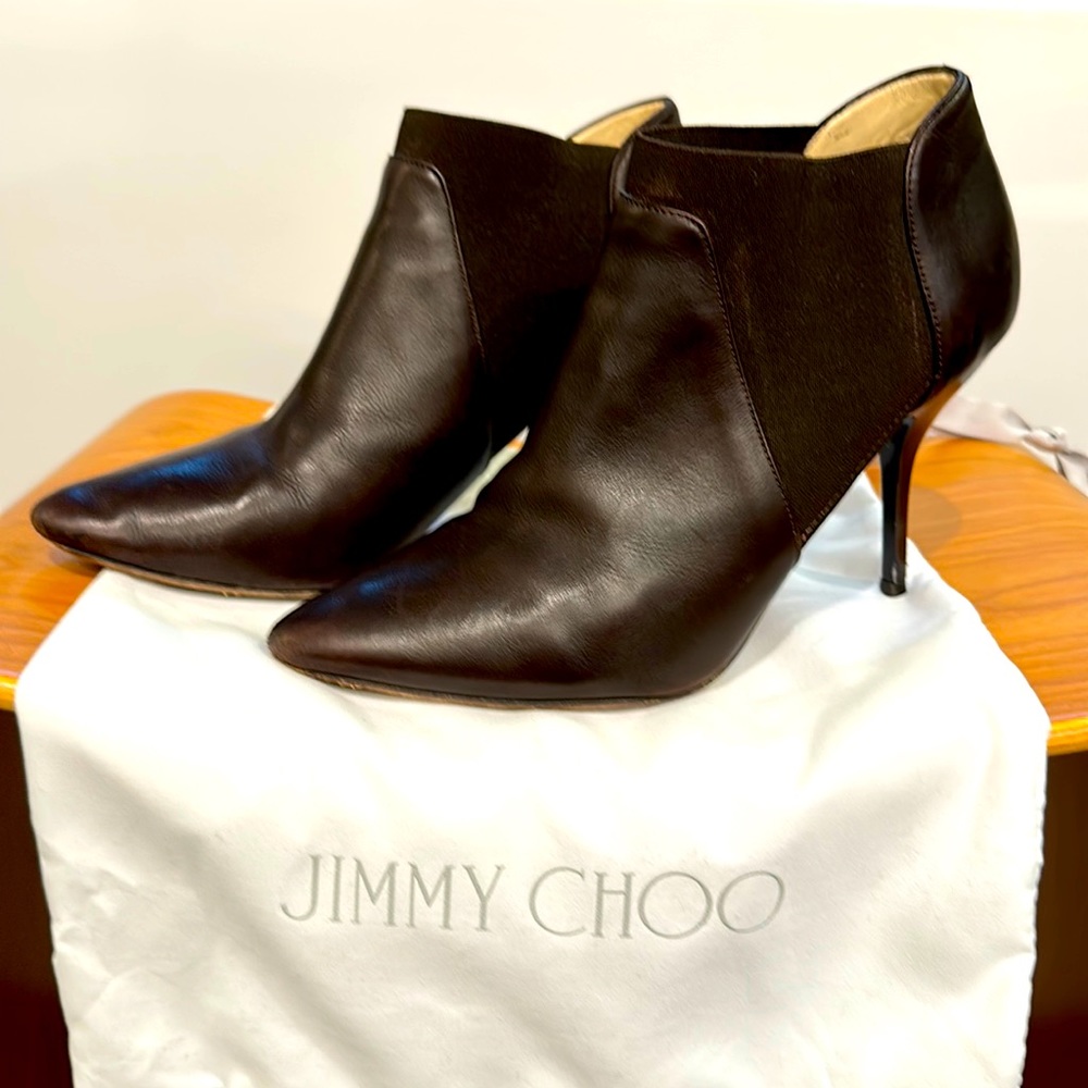 Jimmy Choo ankle boot, rich dark brown, shiny patent leather heel.